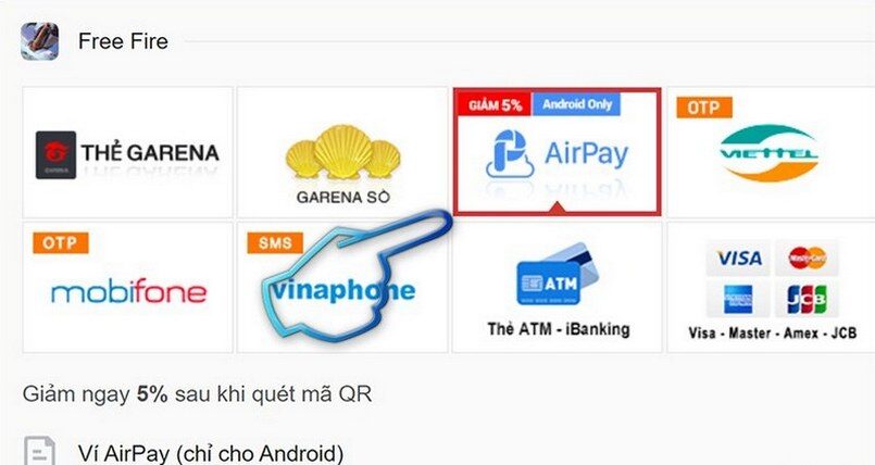 Sử dụng ví Airpay thanh toán FF trên Napthe.vn
